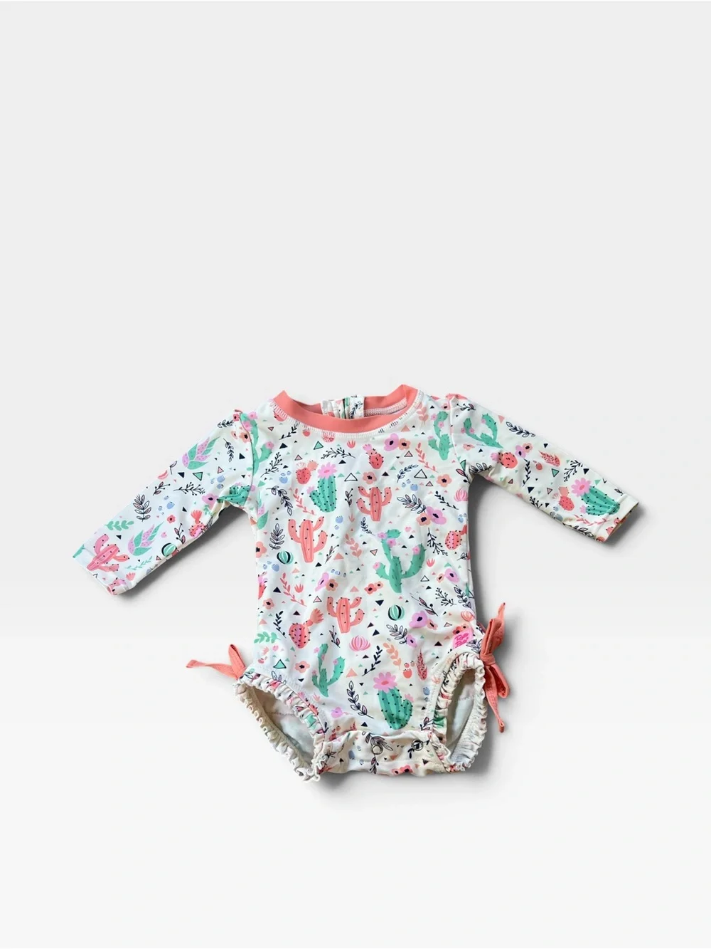 Ruffle Butts White Cactus Print Long-Sleeve One-Piece with Coral Trim
